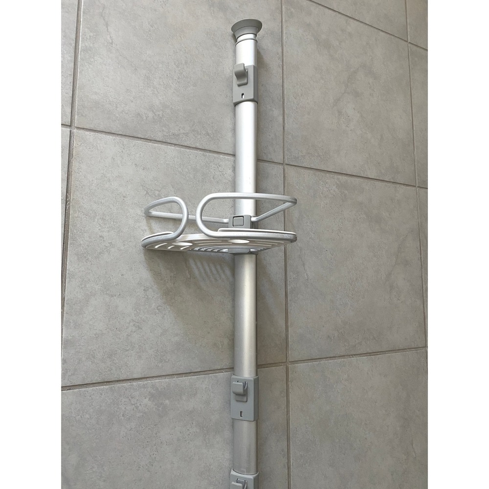 OXO Good Grips Aluminum Shower Caddy Tension Pole Adjustable Shelf Silver Grey